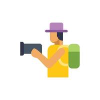 Videographer recording with camcorder while hiking in the mountains vector