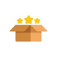 Open cardboard box with three golden rating stars representing product quality and customer satisfaction vector