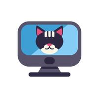 Cat face displaying on computer monitor screen, modern pet technology vector