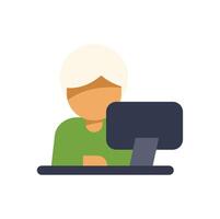Senior person working on desktop computer, flat design illustration vector
