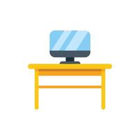 Modern desk with computer monitor displaying information on wooden table vector