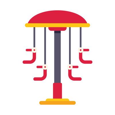 Playground carousel swinging under red and yellow roof on white background