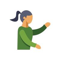 Woman gesturing with open hand and pointing with index finger vector
