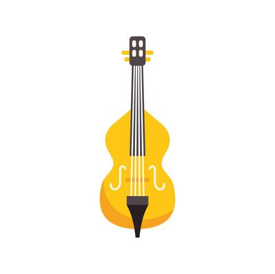 Yellow contrabass showing its strings and tuning pegs