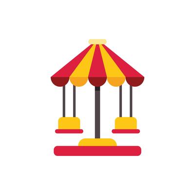 Swing ride with red and yellow awning in amusement park