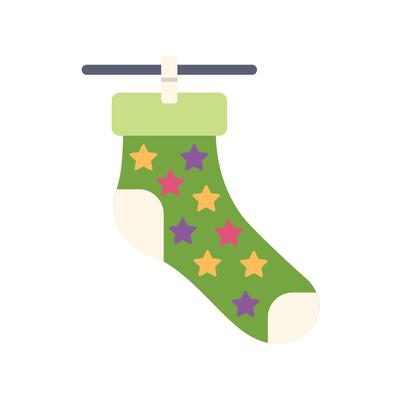 Green sock with colorful stars hanging on clothesline