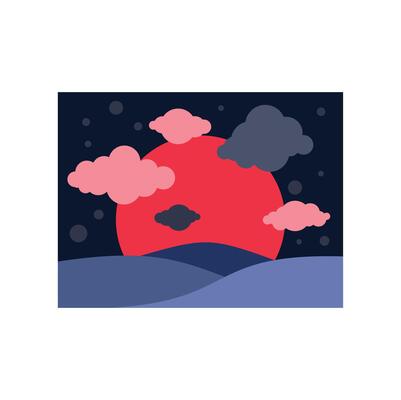 Red planet rising over blue hills at night with pink and dark clouds