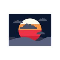 Big retro striped sun setting behind rolling hills with clouds vector