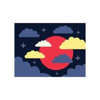 Red planet hiding behind colorful clouds and shining stars in the dark night sky vector