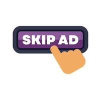 Finger pressing skip ad button on purple interface vector