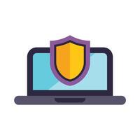 Laptop being protected by a shield representing online security and privacy vector