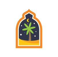 Desert oasis at night with crescent moon and palm tree in arabic style arch vector