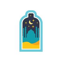 Mosque silhouette at night with crescent moon and stars in desert landscape inside window frame vector