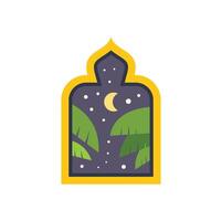 Crescent moon shining over palm trees at night through ornate window vector
