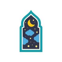 Crescent moon shining over clouds in arabic style window at night vector