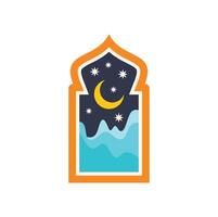 Crescent moon and stars shining over ocean waves in arabic window frame vector