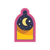 Crescent moon and stars shining over desert through mosque window at night vector