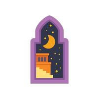 Crescent moon shining over traditional arabic architecture through ornate window at night vector