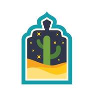 Desert cactus at night through arabian window frame vector