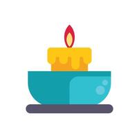 Burning candle resting on a bowl with dripping wax in flat design style vector