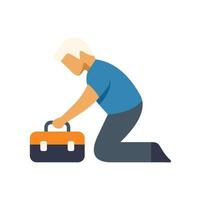 Handyman kneeling and picking up toolbox getting ready for work vector