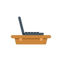 Laptop standing on a small wooden table, side view of portable workspace vector