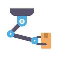 Robotic arm lifting cardboard box in warehouse automation vector