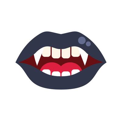 Vampire lips showing fangs and teeth baring isolated on white background