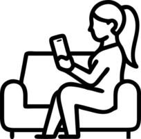 Young woman holds smartphone mockup white screen using mobile shopping app checking social media news texting mobile SMS ordering food delivery sitting on sofa at home over shoulde vector
