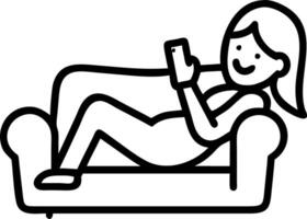Young woman relaxed on couch uses cell phone smiles while holding smartphone looks at cellphone enjoys online ecommerce shopping mobile apps watching videos or e learning concept a Set 2 vector