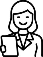 Young professional businesswoman in modern office holds digital tablet smiles at camera showcasing technology use in business vector