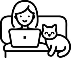 Young Hispanic teen girl relaxes on sofa with cat holding a laptop displaying a mockup white computer screen engaged in online learning and watching a movie viewed over the shoulde vector