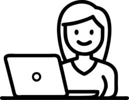 Young happy professional businesswoman sits at desk working on laptop in corporate office smiling while using computer technology for online learning and web research vector