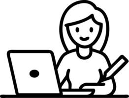 Young female student engages in e learning or remote work at home office using laptop for webinars online training digital education sits at table writing notes Set 6 vector