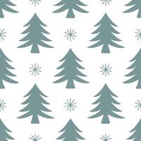 Winter trees seamless pattern with snowy pine trees forest background and soft snowflakes for a quiet winter forest vector