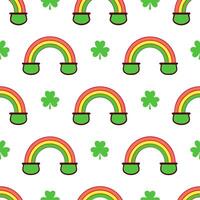 Whimsical pots of gold and clovers seamless tile pattern with vibrant rainbow accents vector