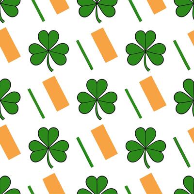 Whimsical Irish flags and clovers seamless tile pattern with vibrant green accents