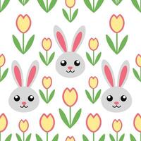 Whimsical Easter rabbits and tulips seamless tile pattern with playful spring elements vector