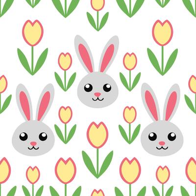 Whimsical Easter rabbits and tulips seamless tile pattern with playful spring elements