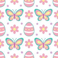 Whimsical Easter eggs and butterflies seamless tile pattern with colorful spring accents vector