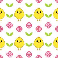 Whimsical Easter chicks and roses seamless tile pattern with playful spring colors vector