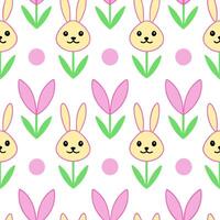 Whimsical Easter bunnies and tulips seamless tile pattern with playful spring colors vector