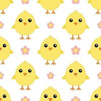 Whimsical Easter chicks and floral blooms seamless tile pattern with playful spring colors vector