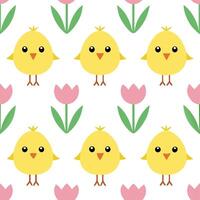 Whimsical Easter chicks and tulips seamless tile pattern with playful spring hues vector
