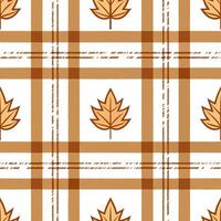 Warm toned autumn plaid and leaf seamless tile pattern with rustic textures vector