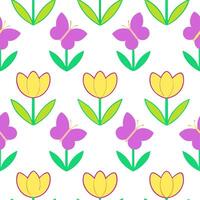 Vibrant Easter tulips and butterflies seamless tile pattern with lively spring elements vector