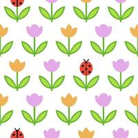 Vibrant Easter tulips and ladybugs seamless tile pattern with colorful spring accents vector