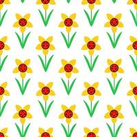 Vibrant Easter daffodils and ladybugs seamless tile pattern with lively spring colors vector