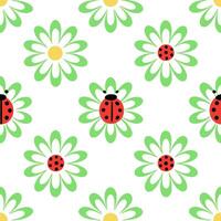 Vibrant Easter daisies and ladybugs seamless tile pattern with playful spring elements vector