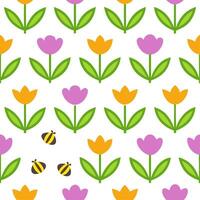 Vibrant Easter tulips and bees seamless tile pattern with lively spring elements vector